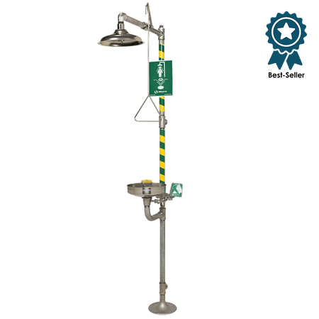 Industrial shower system with a sign on a green background, featuring a 'Best-Seller' badge.