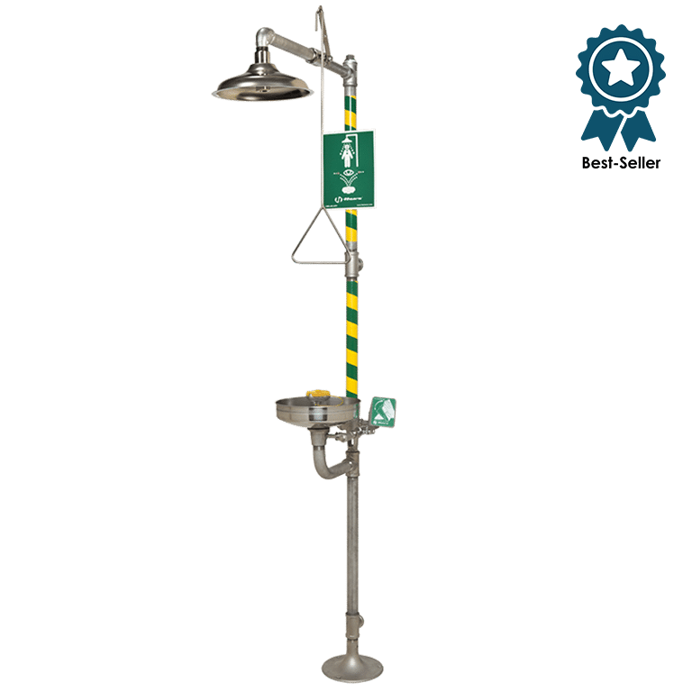 Industrial shower system with a sign on a green background, featuring a 'Best-Seller' badge.